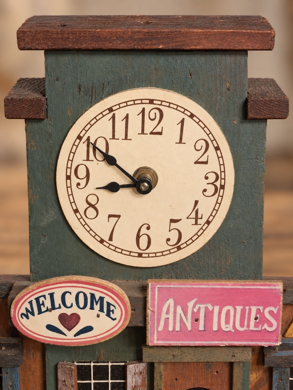 Rustic Green Wooden Wall Clock Decor with Pink Antiques Sign
